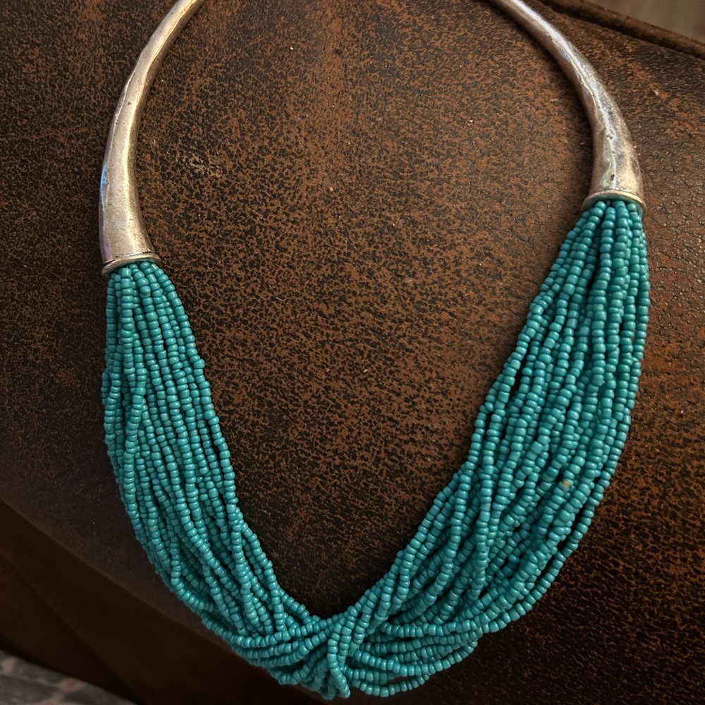 LUCKY BRAND Vintage Hammered Silvertone & Turquoise Seed Bead Torsade Necklace
